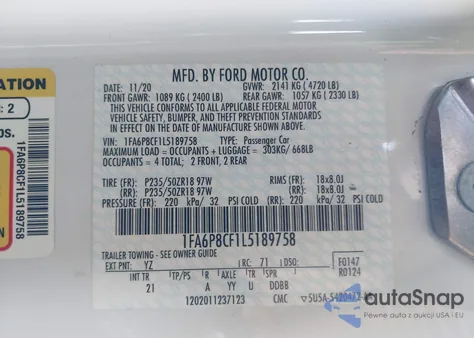 2020 Ford Mustang Gt Fastback from USA, damaged, VIN 1FA6P8CF1L5189758